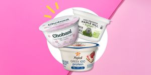 three popular greek yogurts on pink background