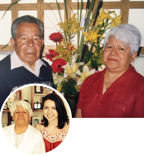 laura amadors family photo of abuelo and abuela posting in front of flowers bottom right upclose of laura and her abuela smiling together