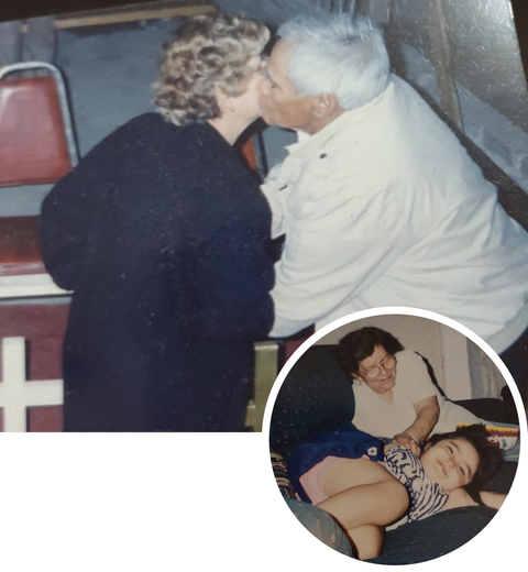 estefania mitres abuelo and abuelo film photo of grandparents kissing bottom right image of young estefania and her abuela