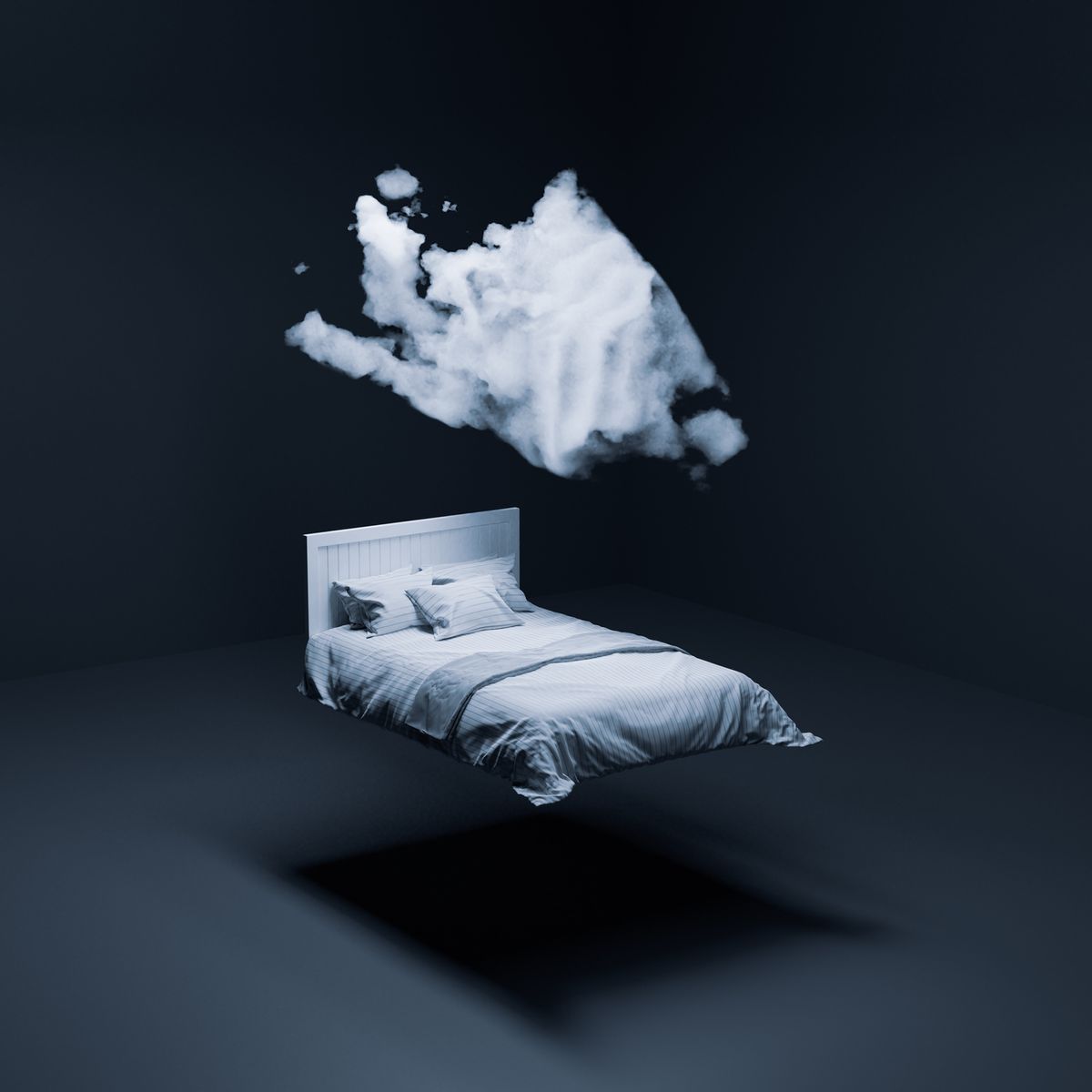 digitally generated image of a floating white bed and cloud in a dark grey room