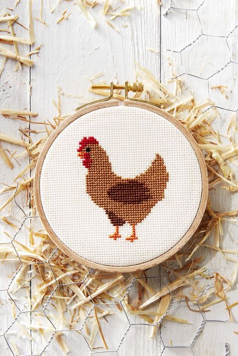 Image of a cross-stitch hoop featuring a chicken 