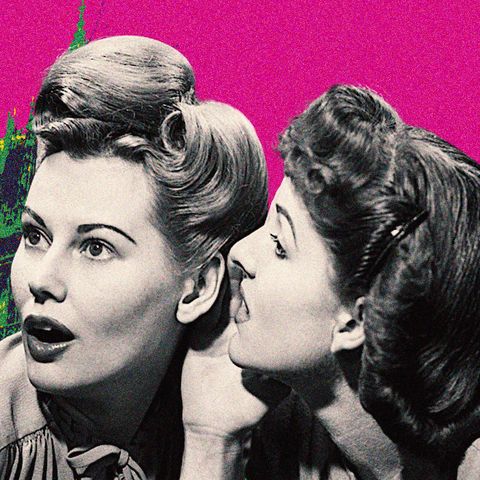 two women whispering in front of big ben in a pop art style