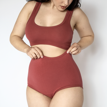 a woman wearing red underwear