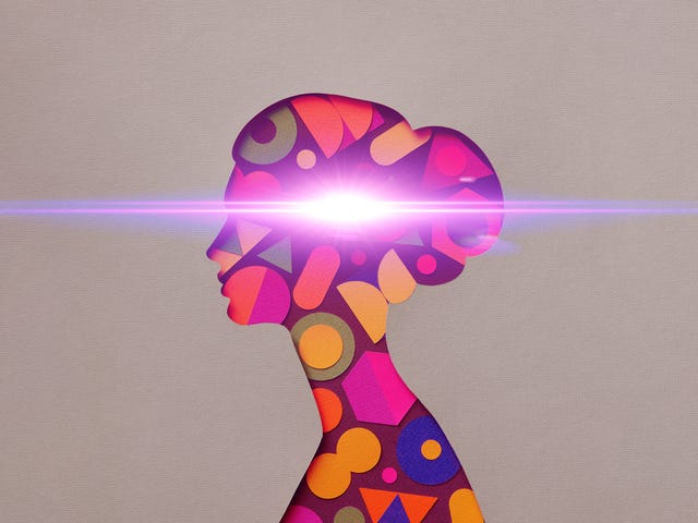 cutout of woman silhouette with shapes inside radiating a beam of light