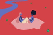illustration of two women sitting by the river