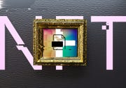 digital generated image of nft letters behind golden frame with digital art visualizing blockchain technology and non fungible token