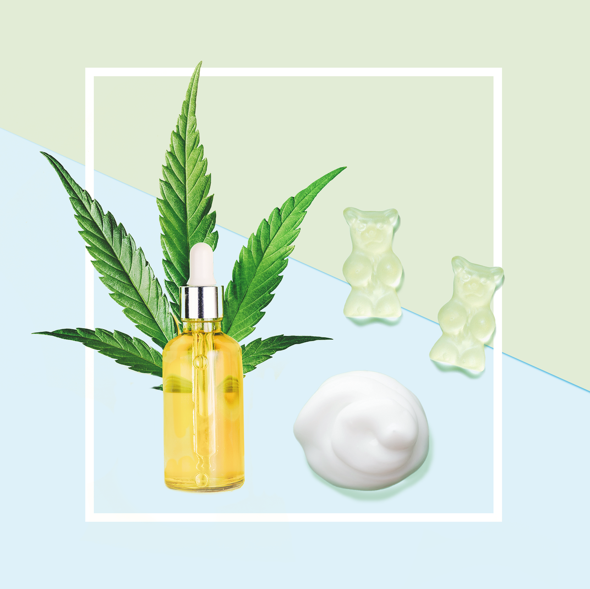 Bottle with CBD oil, pipette, capsules and cannabis leaf on a yellow background. Minimalism, flat lay.