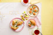 mother's day tea party spread everything cucumber smoked salmon bites pesto chicken salad croissants