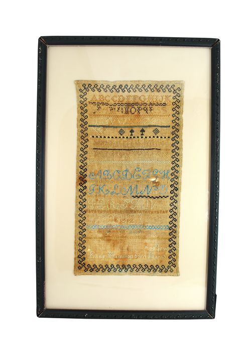 framed sampler  1780s marking sampler, cross stitch, embroidery