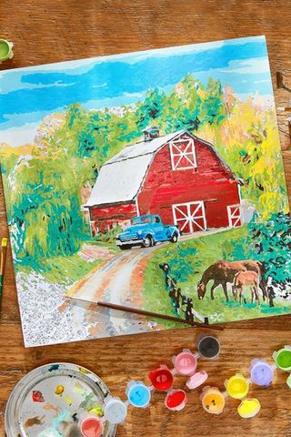 Image of a paint by number kit featuring a country scene