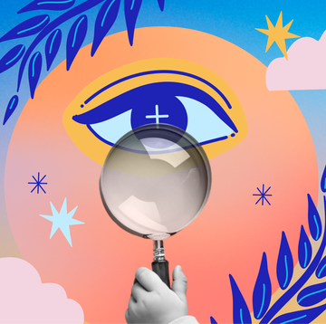 What to Do When Your Kid Stares at Someone Different childs hand holding up a magnifying glass to illustrated eye with other whimsical elements