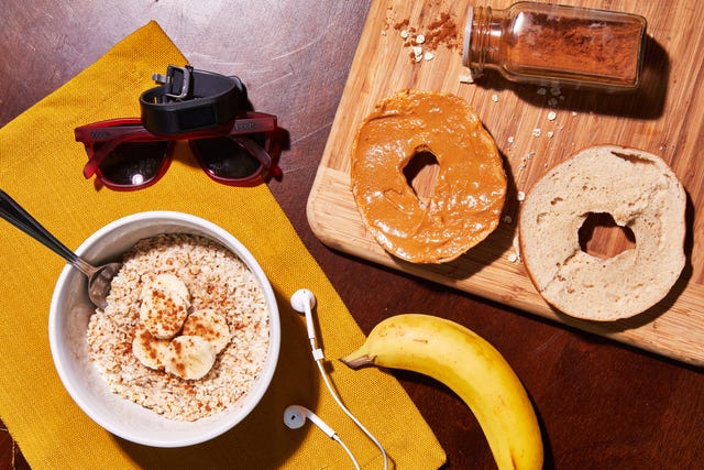 oatmeal, bagel with peanut butter, banana, running sunglasses, watch, headphones