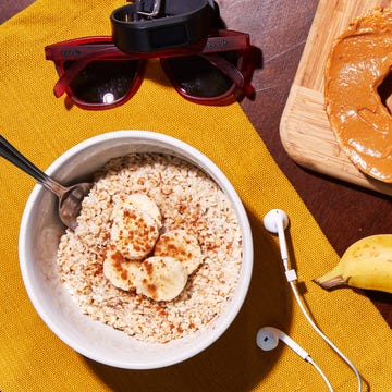 oatmeal, bagel with peanut butter, banana, running sunglasses, watch, headphones oatmeal, bagel with peanut butter, banana, running sunglasses, watch, headphones