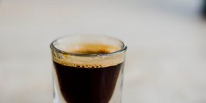 Drink, Liqueur, Liqueur coffee, Distilled beverage, Coffee, Pint glass, Shot glass, Espresso, Cup, Black drink, 