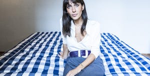 Blue, Beauty, Plaid, Textile, Sitting, Bed sheet, Bed, Room, Bedding, Leg, 