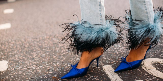 Footwear, Blue, Turquoise, Street fashion, Shoe, Leg, Fur, Fashion, Feather, Ankle, 