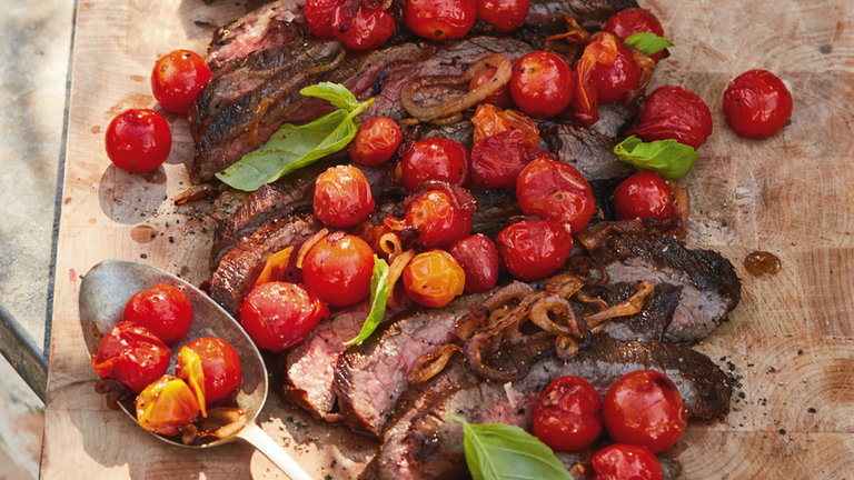 balsamic grilled flank steak with charred tomatoes
