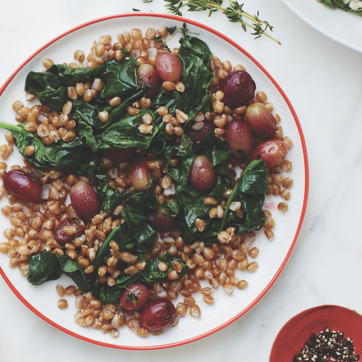 wheat berries with thyme roasted grapes and spinach