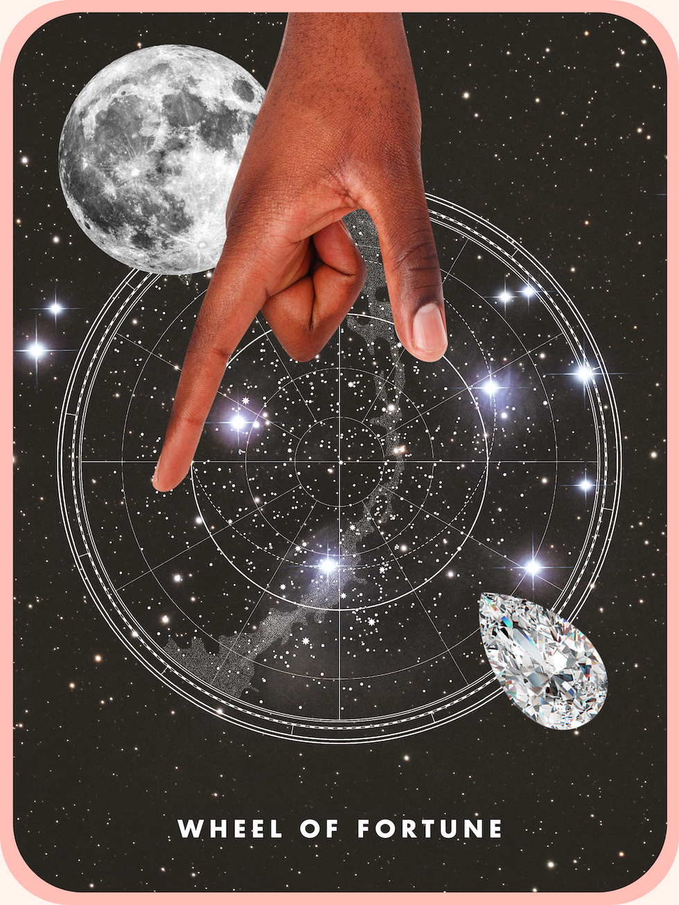 the cosmo tarot card the wheel of fortune, showing a hand reaching out over a map of the sky