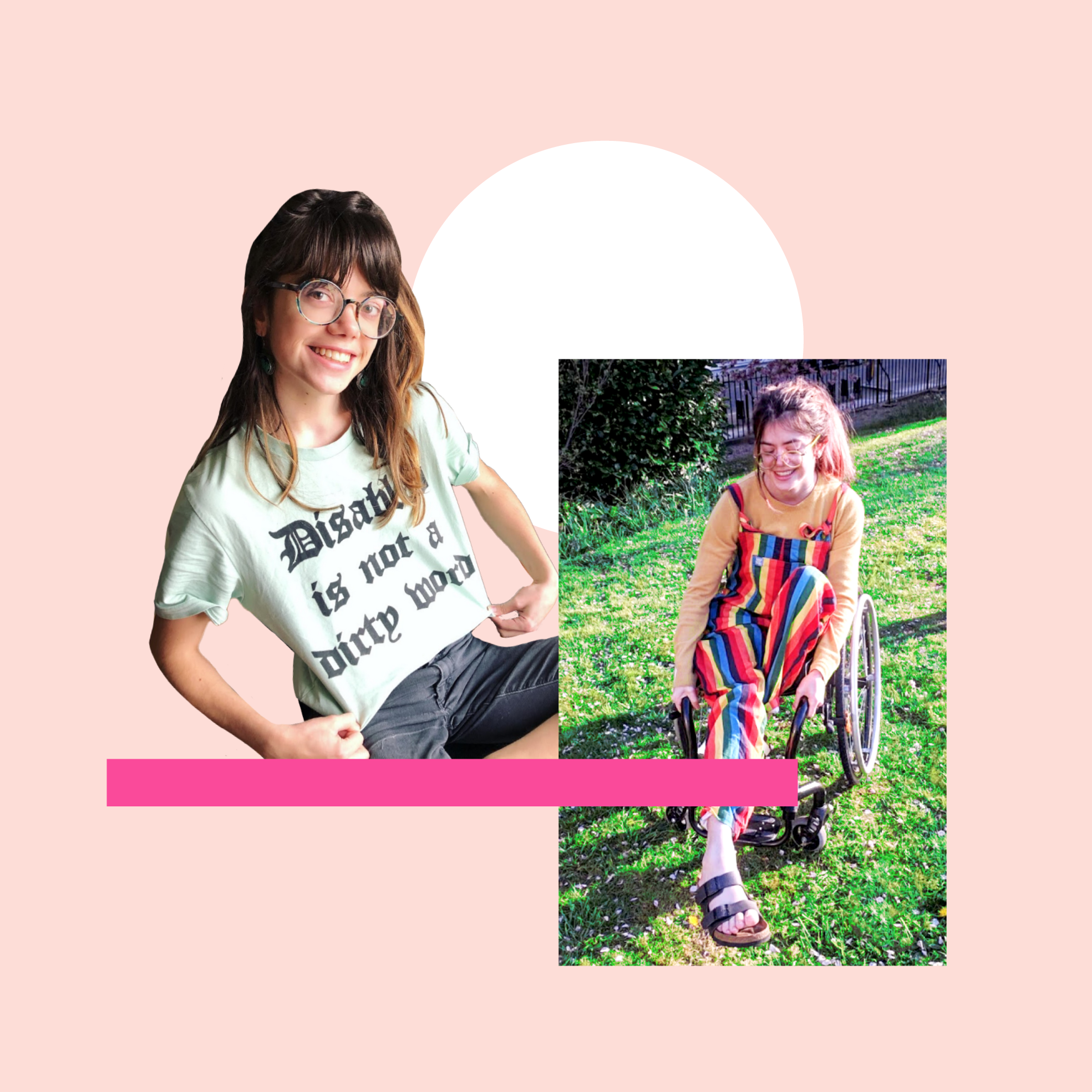 Two photos of Grace Spence Green, a young woman who was left disabled after a stranger jumped on her in a shopping centre from a height, pictured in a top that says "Disability is not a dirty word" and in her wheelchair wearing striped colourful dungarees.