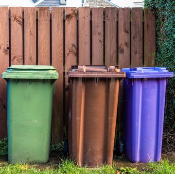colour coded bins for recycling, garden waste, glass