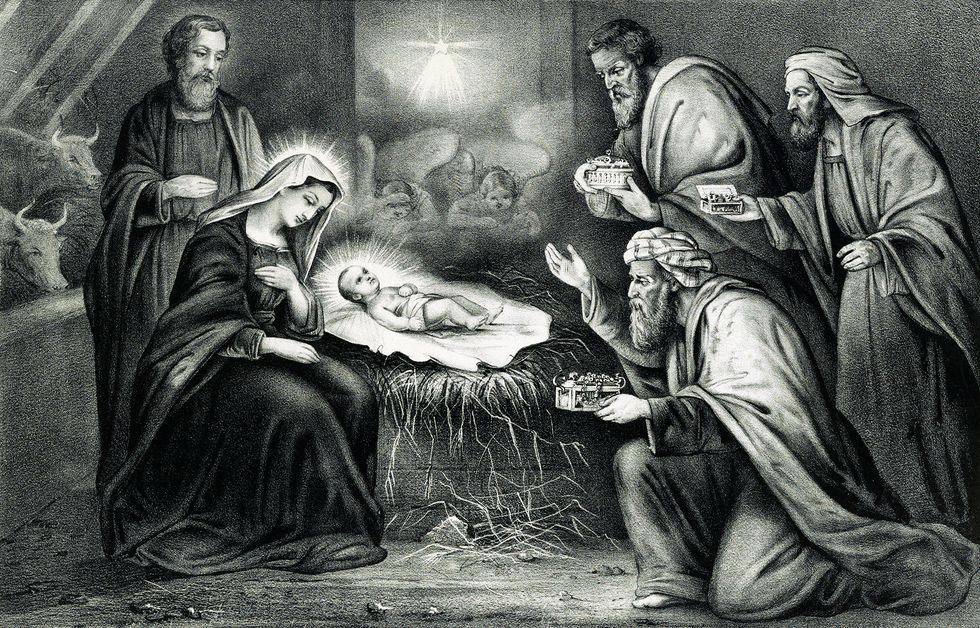 vintage biblical illustration features the nativity of jesus christ as described in the gospels of luke and matthew