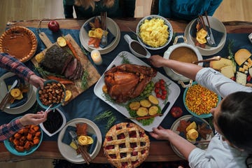 stuffed turkey for thanksgiving holidays with pumpkin, peas, pecan, berry pie, cheese variations and other ingredient