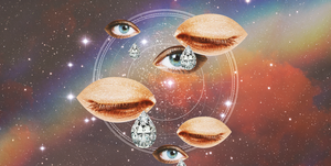 six eyes, three open and three closed, are placed over a starry rainbow background, and diamond tears fall from four of the eyes