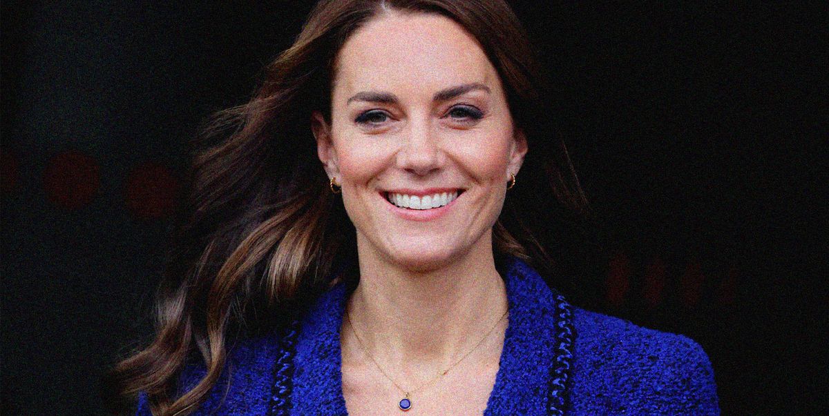 kate middleton smiles in front of a black background