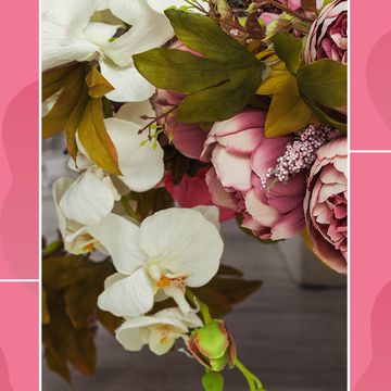 artificial orchid and peonies floral arrangement