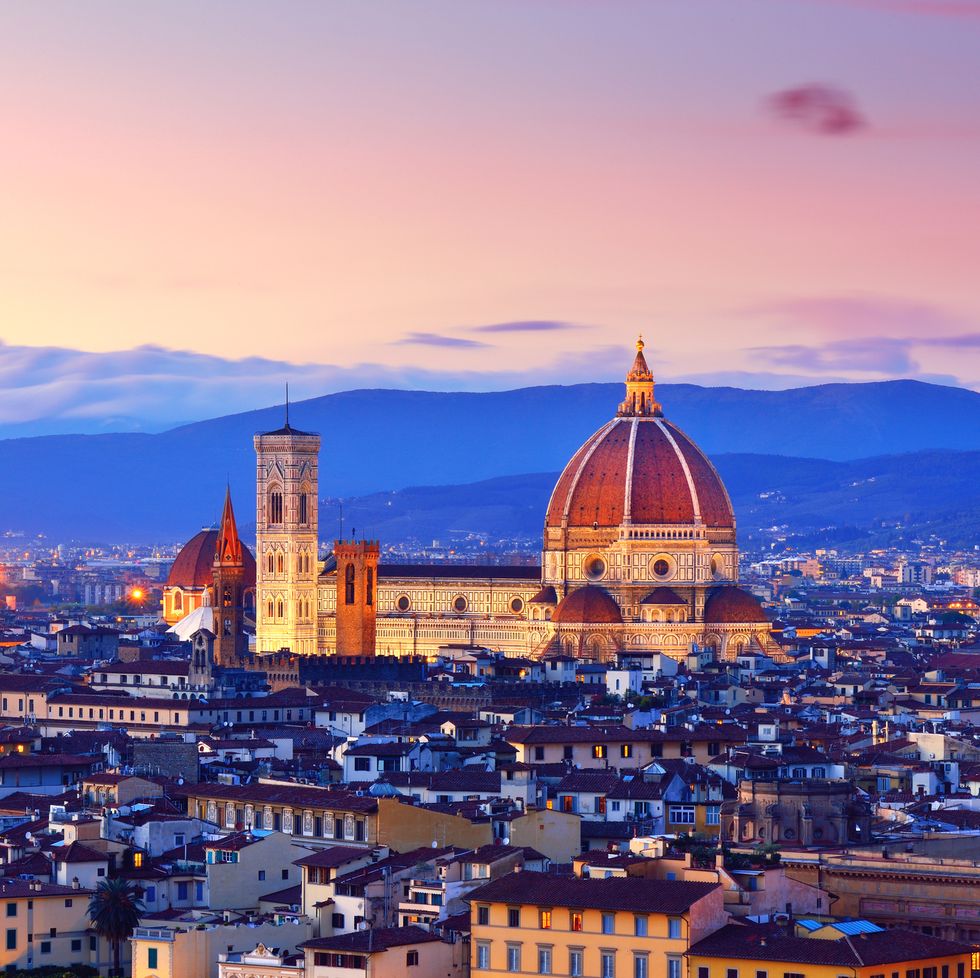 florence cityscape and duomo santa maria del fiore at sunset in florence italy