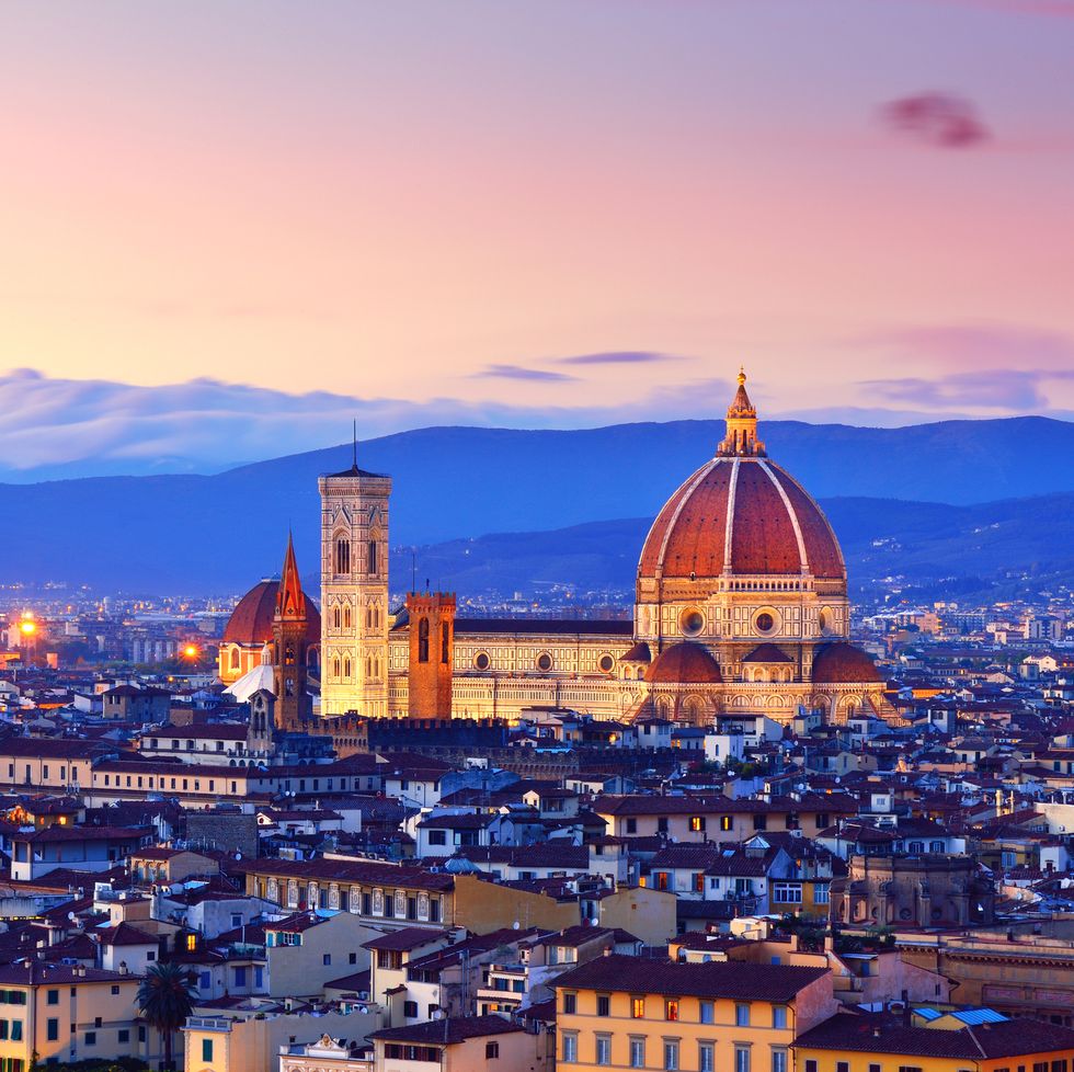 florence cityscape and duomo santa maria del fiore at sunset in florence italy