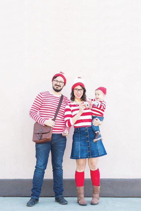 where's waldo family halloween costume with mom wearing red knee socks, denim skirt, red and white stripe shirt and hat
