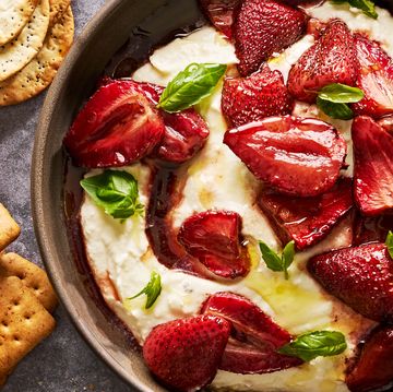 whipped feta with balsamic roasted strawberries served with crackers