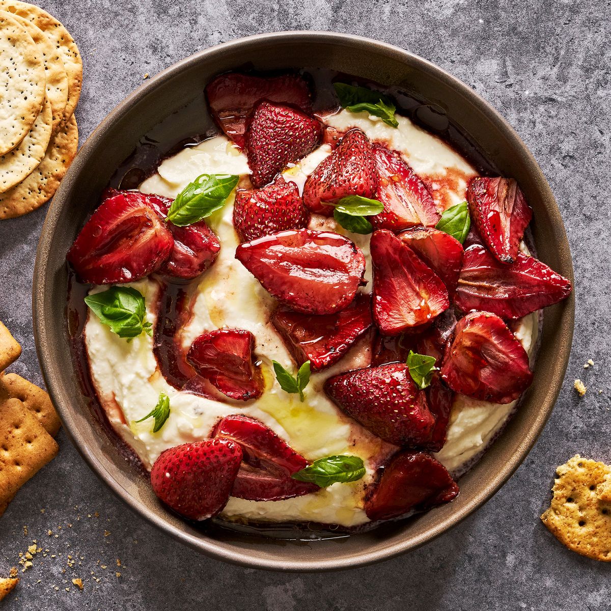 whipped feta with balsamic roasted strawberries served with crackers