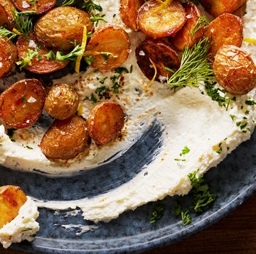 whipped feta topped with crispy roasted potatoes