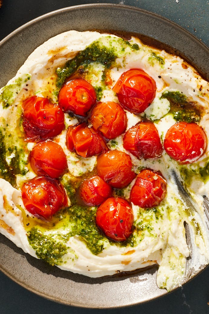 whipped mozzarella with burst cherry tomatoes