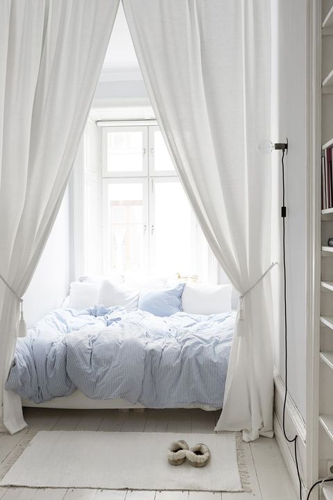 Bedroom, Furniture, Bed, Canopy bed, Curtain, Room, White, Bed sheet, Property, Interior design, 
