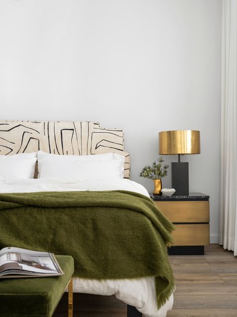 alison victoria home tour
primary bedroom
gold and olive green give the
bedroom an elegant yet calming
atmosphere
