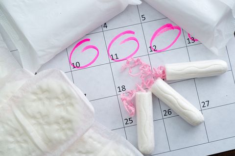 White calendar with pink circles around menstruation date period and