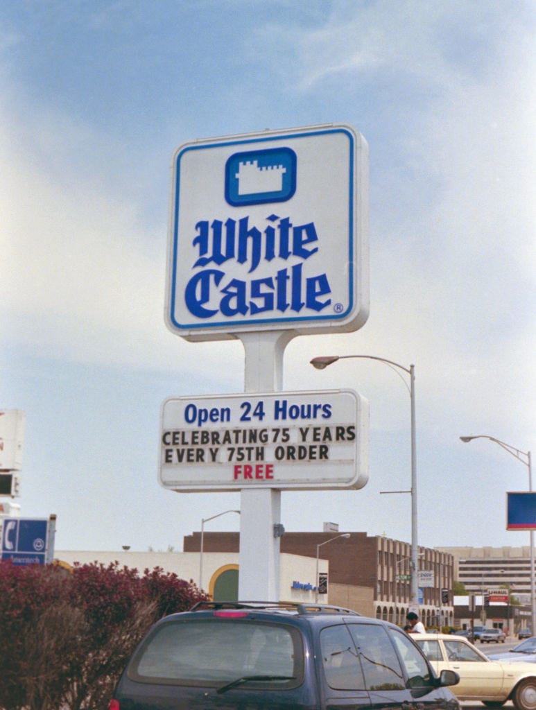 white castle restaurant sign in chicago south suburbs, sign celebrates their 75th anniversary circa 1996