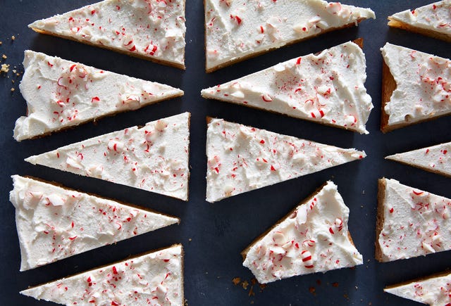 peppermint blondies cut into triangles and covered in white chocolate topped with crushed peppermint candy
