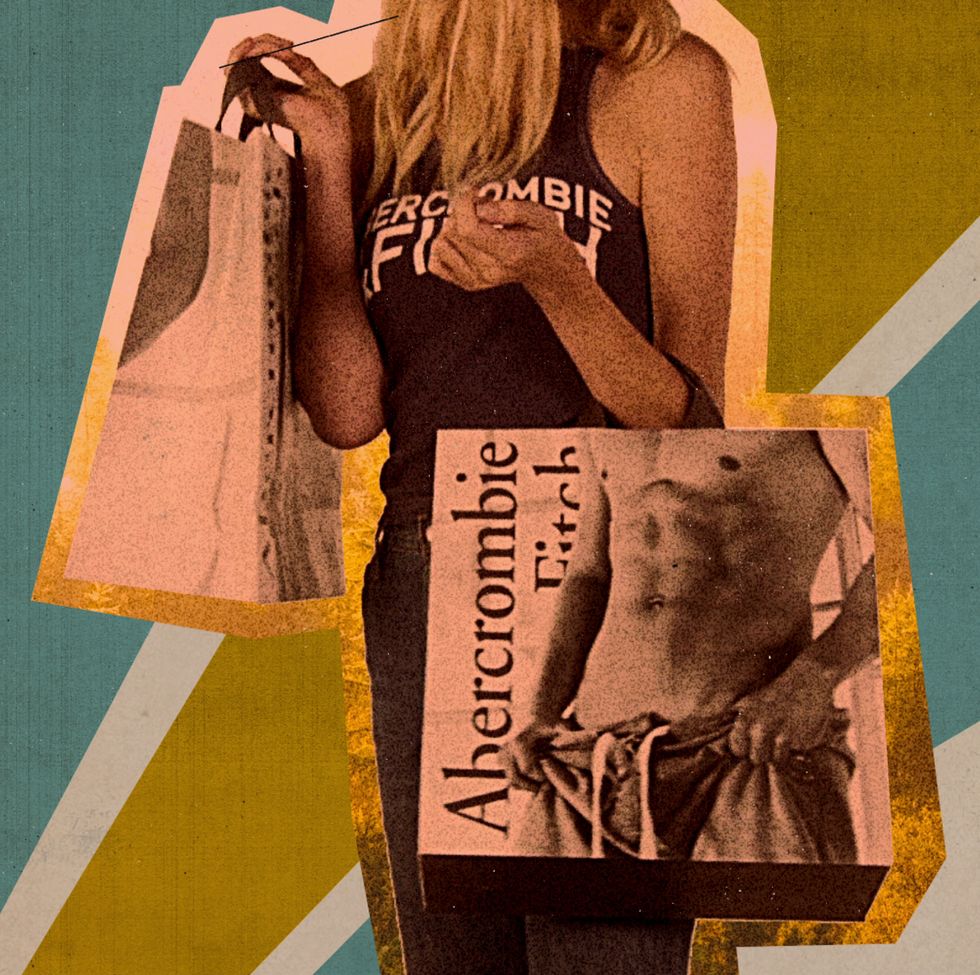 blonde woman wearing an abercrombie tank top and holding an abercrombie shopping bag