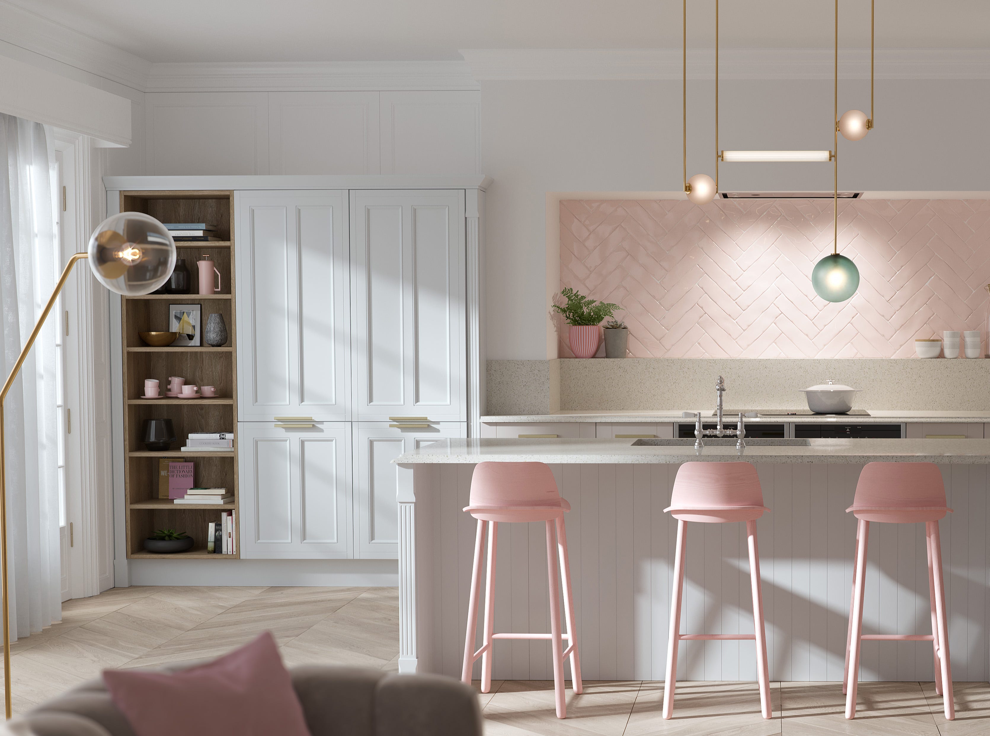 cocina blanca y moderna con rosa empolvado
