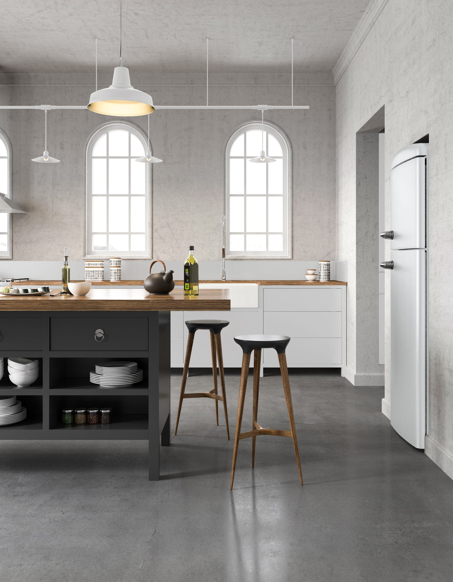 cocina moderna con isla y suelo de cemento