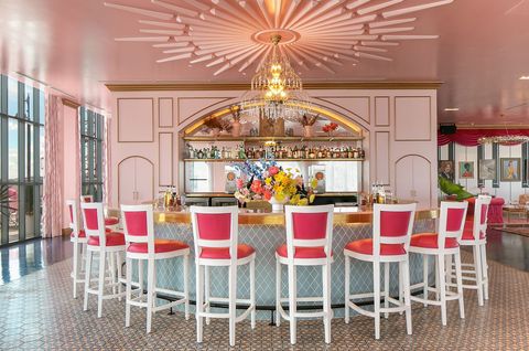 wraparound bar with pink decor