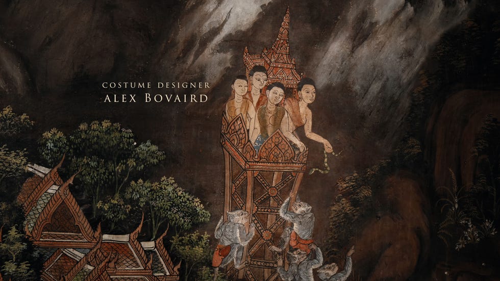 artwork depicting figures in traditional attire on a tower with surrounding flora and fauna
