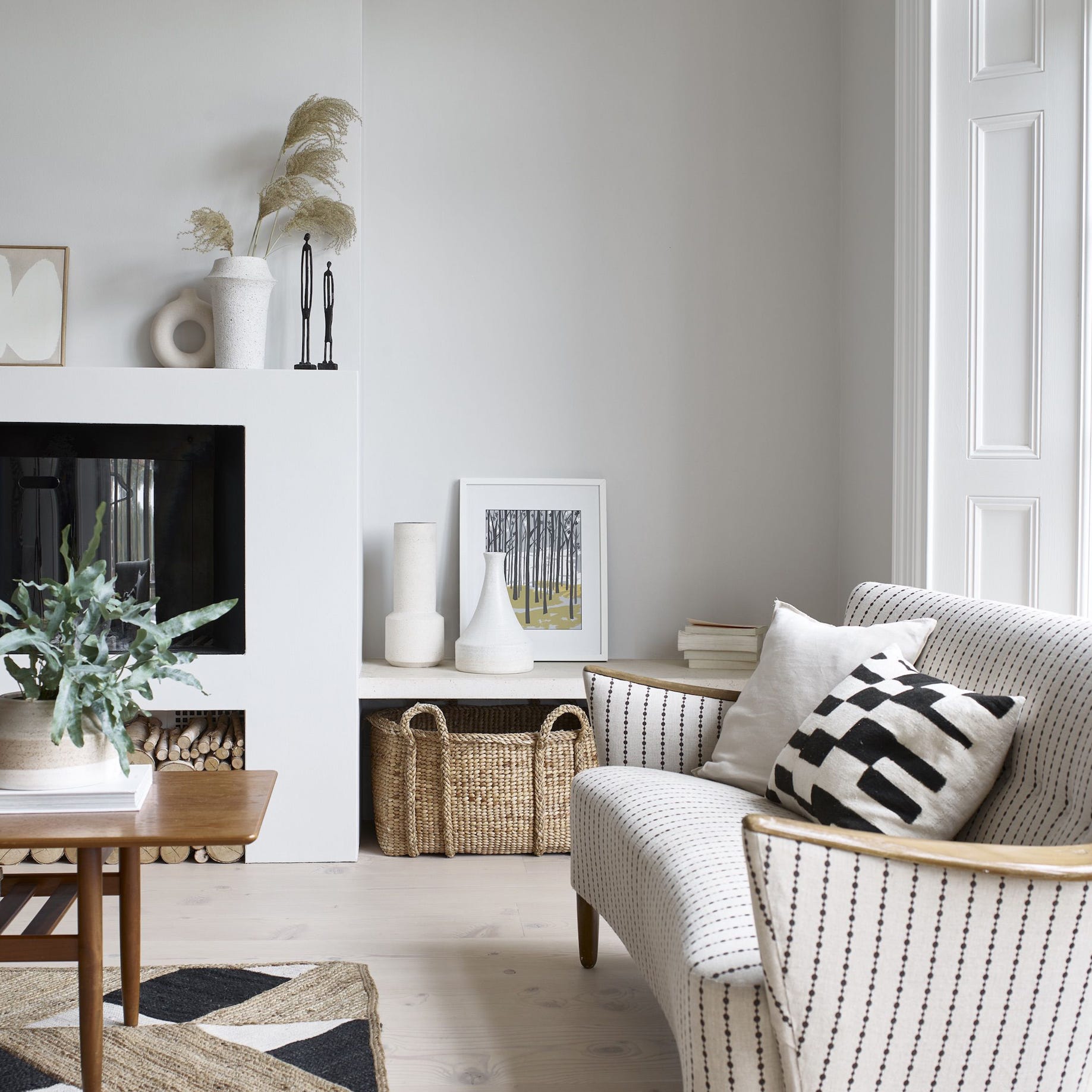 white living room painted in romney wool, dulux heritage