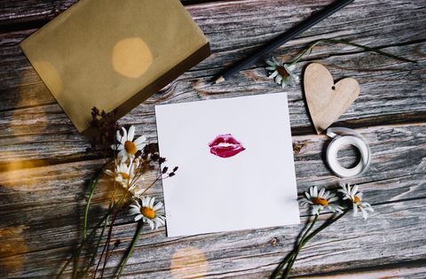 white paper card with lipstick kiss