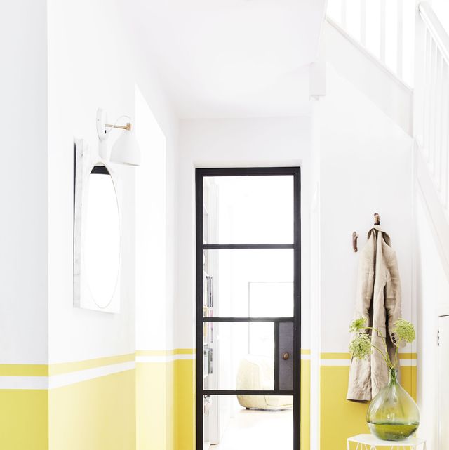 welcoming white and yellow hallway decorating scheme